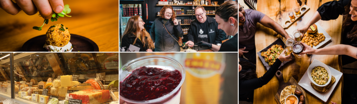 Collage of arancini, customers tasting cheese at boutique, cheese counter filled, brie ice cream with berry compote, and visitors at brewery cheersing and eating