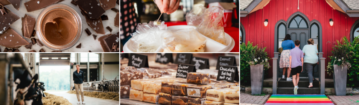 Collage of chocolate dessert, cheese curd samples, barn with cows, stacks of fudge, and an art centre in an old train station