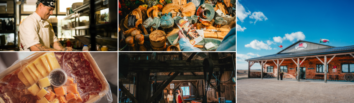 Collage of chef making meal, Canadian pottery in a shop, a vacuum sealed charcuterie plate ready for the road, tour in a replica cheese factory, and a cheesemaker storefront.