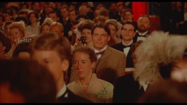 Christopher Reeve sits in the theatre at Mackinac Island's Mission Point Resort during filming for a scene of 'Somewhere in Time.'