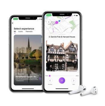 Mobile phone screens showing images of a tour of Stratford-upon-Avon alongside two earphones