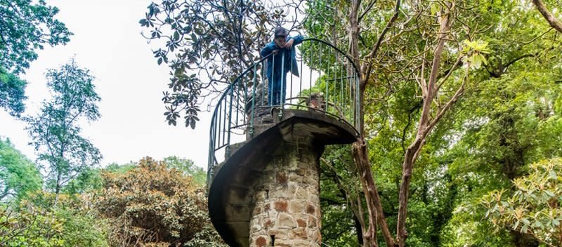 A boy at the top of a stone spiral staircase folly.