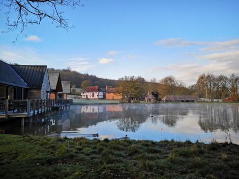 the cafe at Weald & Downland Museum overlooking the mill pond in winter