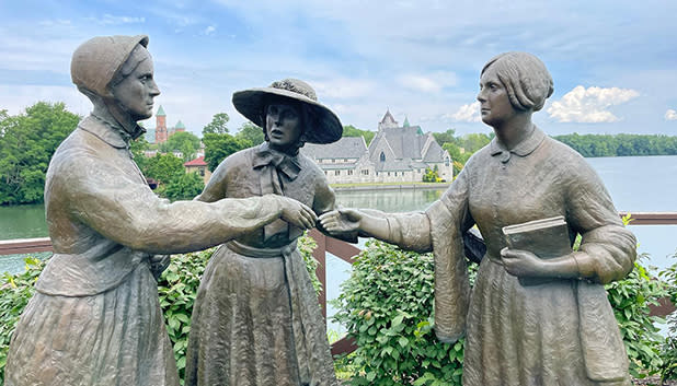 A statue by Ted Aub depicting the first meeting of Women's Rights activists Susan B. Anthony, Elizabeth Cady Stanton, and  Amelia Jenks Bloomer.