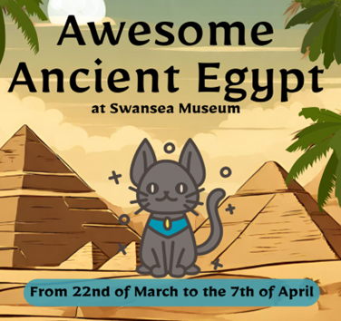 Cartoon cat in front of Egyptian pyramids