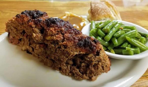 Bobby D's BBQ Meatloaf with green beans and roll