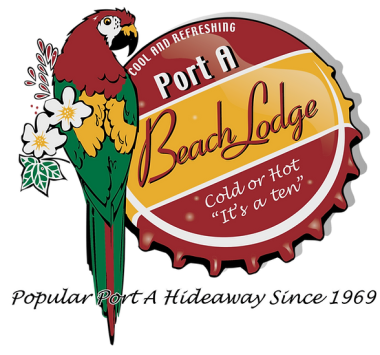Logo for Port A Beach Lodge on a bottle cap design next to a parrot