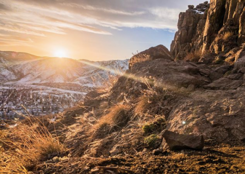 Golden Cliffs climbing area at sunset, located on North Table Mountain in Golden, Colorado.