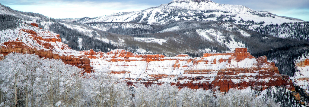 Red rock formation in southern Utah covered in snow with snow covered trees in the foreground and a rising mountain peak in the background.
