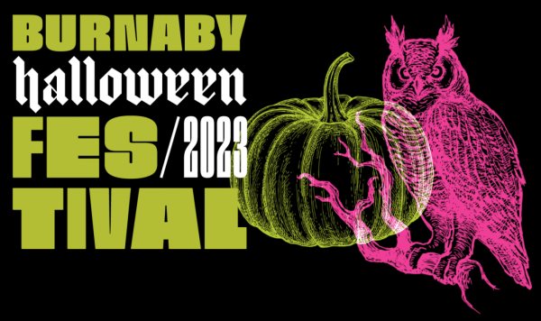 The logo for 2023 Burnaby Halloween Festival is a pink owl standing on a branch next to a green pumpkin