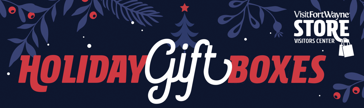 The words Holiday Gift Boxes in red on a dark blue background with festive holly design