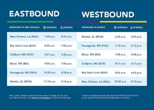 Eastbound and westbound schedule of Amtrak Mardi Gras Service departures and arrivals