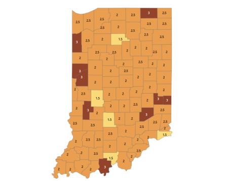 Indiana COVID color-coded assement map by county