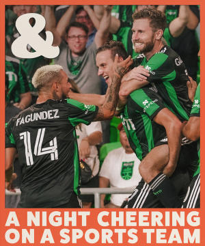 Austin FC players celebrate a goal at Q2 stadium. Text overlay reads And a night cheering on a sports team.