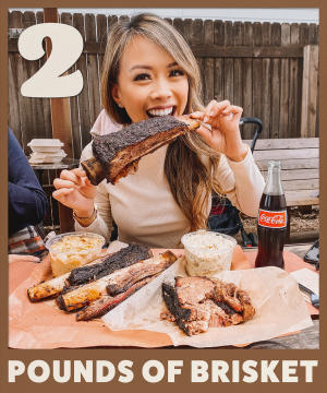 Woman bites into barbecued ribs at La Barbecue. Text overlay reads 2 pounds of brisket