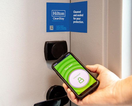 Hilton's keyless, touchless entry using a smart phone and room seal give guests extra comfort. Hilton Clean Stay touchless entry using smart phone