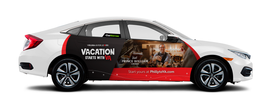 This image shows a mock-up of advertising for the Philly to VA ad campaign. It shows a white car covered in an advertisement for Visit Prince William. The ad features the bar at Black Sheep Restaurant and bright-colored cocktails, along with the Vacation Starts with VA campaign tagline.