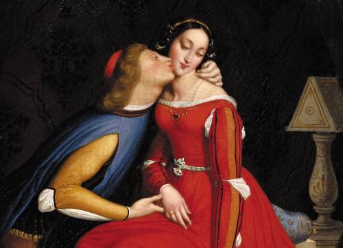 Artwork of man trying to kiss woman