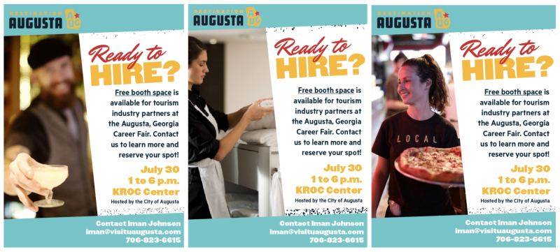 A series of fliers with the headline "Ready to hire?" used during Destination Augusta's job fair.