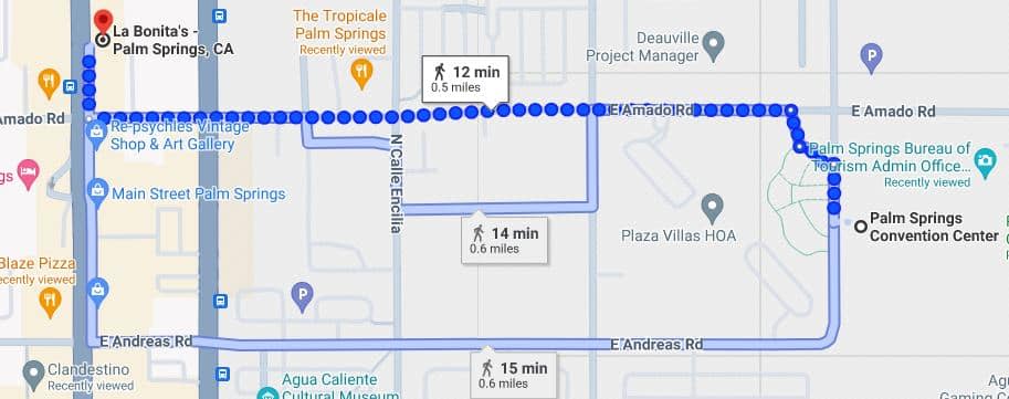 Alt text: Screenshot of a digital map highlighting a walking route in Palm Springs, CA, with labeled waypoints and estimated walking times.