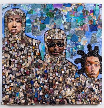 Artwork with black culture collage, blue and brown watercolors