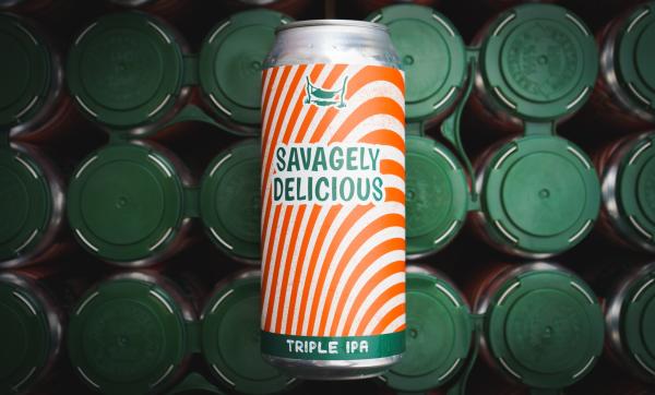 Crooked Hammock Brewery's Savagely Delicious posed in front of the tops of cans.