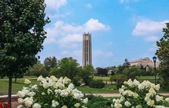 The Metz Carillon Tower in the Cox Arboretum on a summer day