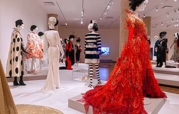 Various costumes on exhibit at the Glenn Close exhibition at the Eskenazi Museum of Art