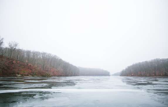 Griffy Lake iced over on a misty winter day