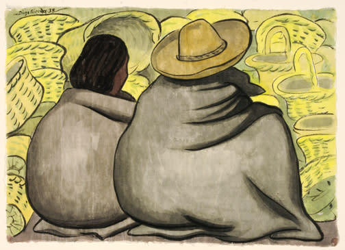 Diego Rivera watercolor of two seated basket vendors