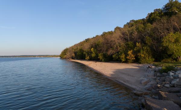 View of the sandy beach, water, and trees at Bayshore County Park.