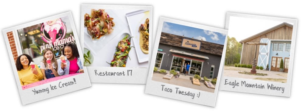 Three Polaroid photographs hang on a clothesline graphic showcasing imagery from Pink Mama's Ice Cream, Restaurant 17, Eagle Mountain Winery, and Farmhouse Tacos in Travelers Rest, South Carolina.