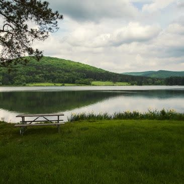 Red House Lake- Allegany State Park- Looking East, sunrise believed to be vicinity of left hill.