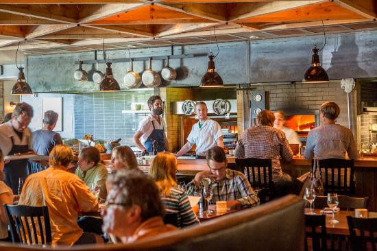 The dining room at Hen of the Wood on a busy day in Burlington, VT