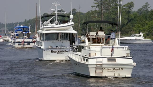 Boats lined up on the Atlantic Intracoastal Waterway in Chesapeake