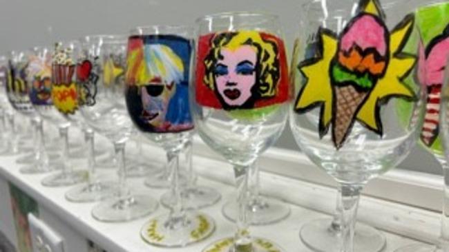 Hand-painted POP ART wine glasses to take home  are one of the treats of the Greensburg Art Center’s April 26 fundraiser.