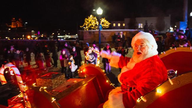 Santa's sleigh in the Holiday Parade in downtown Marquette, MI
