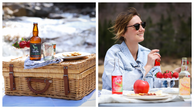 Two photo collage one of a drink and plate set atop a picnic basket, the other of a woman enjoying a picnic lunch from Rhythm Handcrafted Beverages Studio