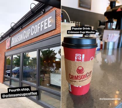 the brick exterior of Coffee Trail Stop number 3 and a cup Crimson Cup Mocha.