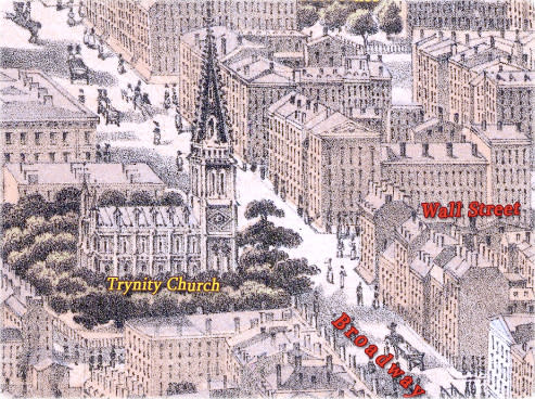 19th-century bird's-eye engraving of Trinity Church, with its tall Gothic spire, standing at the corner of Broadway and Wall Street in lower Manhattan, surrounded by commercial buildings typical of the era.