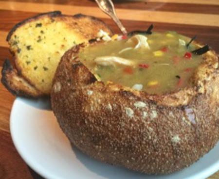 BJ's Brewhouse Chicken Tortilla soup in a bread bowl