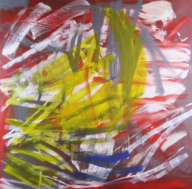 Wiley Johnson’s “A Saucy Day” is a 48” square abstract acrylic on canvas. Long, energetic brush strokes of yellow, white and red crisscross a gray canvas.