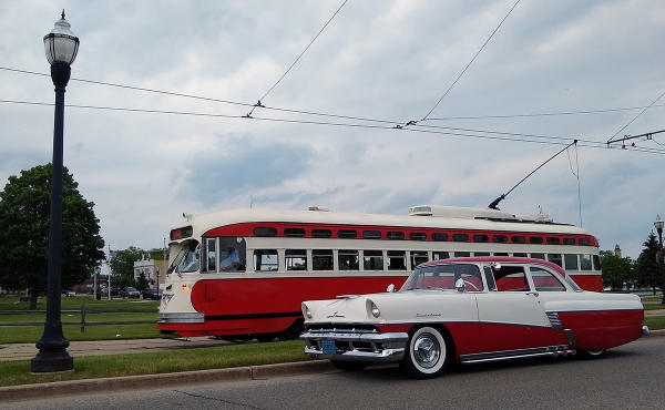 Electric Streetcar and a 1956 Mercury Medalist - a photo contest winner