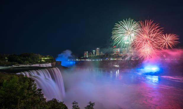 Colorful fireworks light up the sky over Niagara Fall
