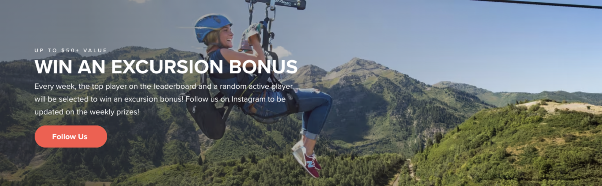 A screenshot of a person ziplining in Utah Valley with overlay copy reading, "Win an Excursion Bonus"