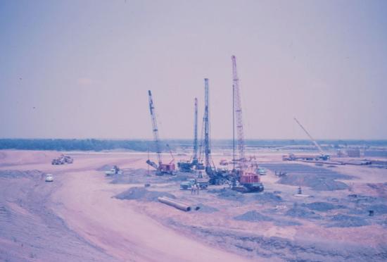 Ground where Texas Stadium was built with four cranes working to move the dirt