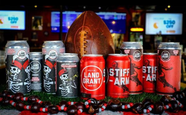 Cans of Land-Grant's Skull Session Lager and Stiff Arm IPA