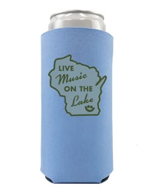 Light blue foam tall-can cooler featuring an outline of Wisconsin with the text “LIVE Music ON THE Lake” and a small smiling face beneath the wording.