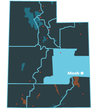 Utah's Holey Land Region Map - Moab is the major city