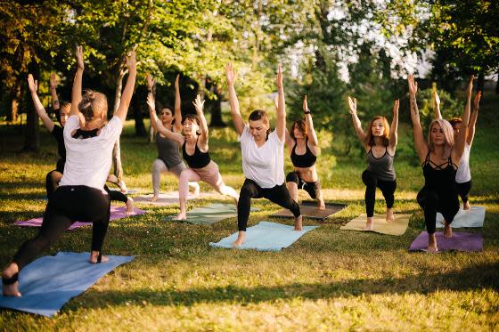 People doing yoga in a park.